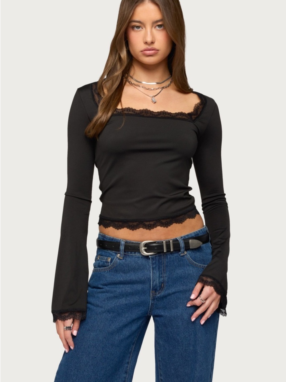 Edikted Black Kailin Lace-Trim Square Neck Flared Long Sleeve Top